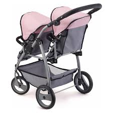 Bayer Twin Tandem Doll Pram - Pink and Grey